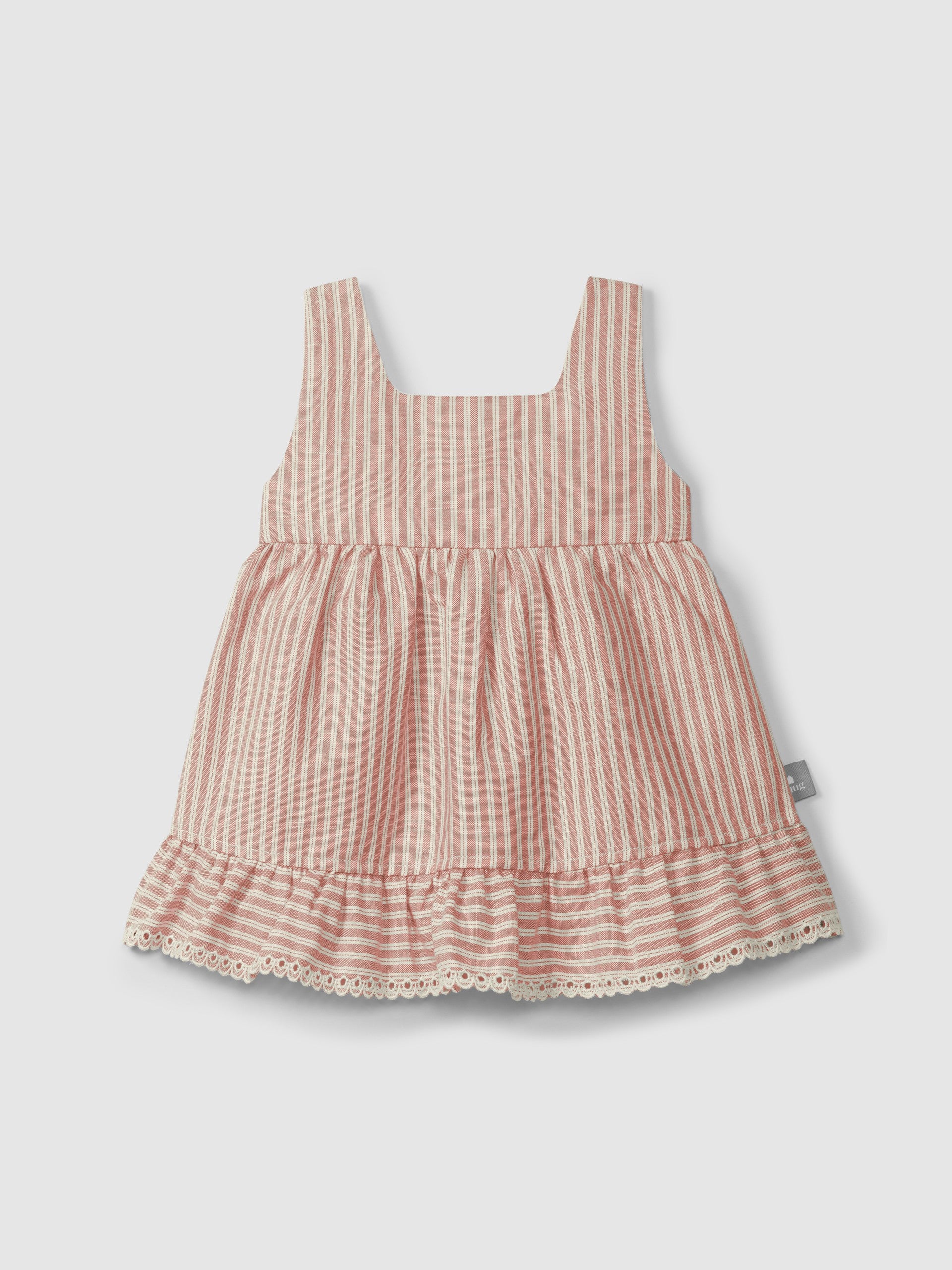Snug Dress in Striped Fabric and English Embroidery Detail || Terracotta