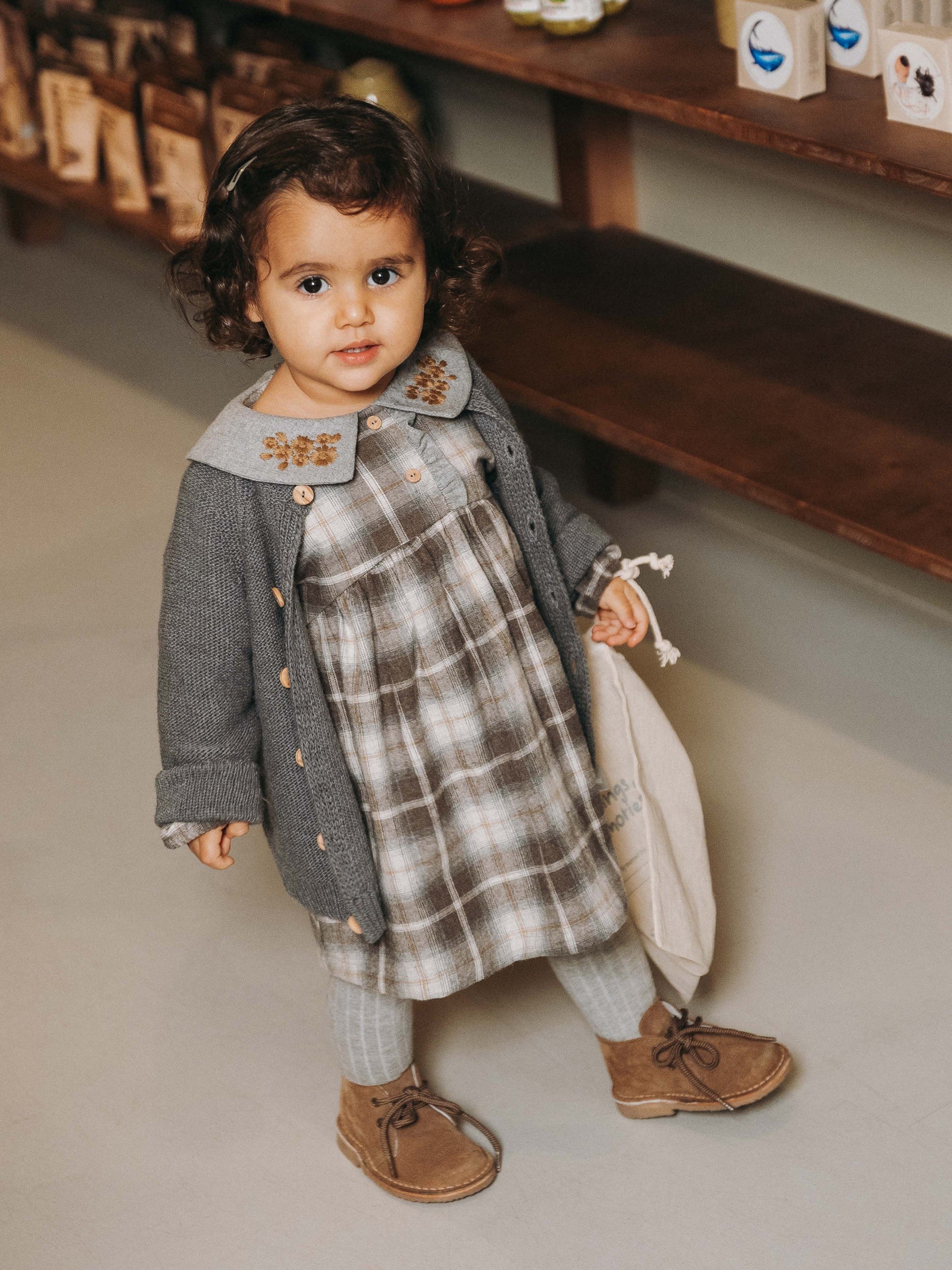 Snug Check Dress with Embroidered Detail on the Collar || Indigo
