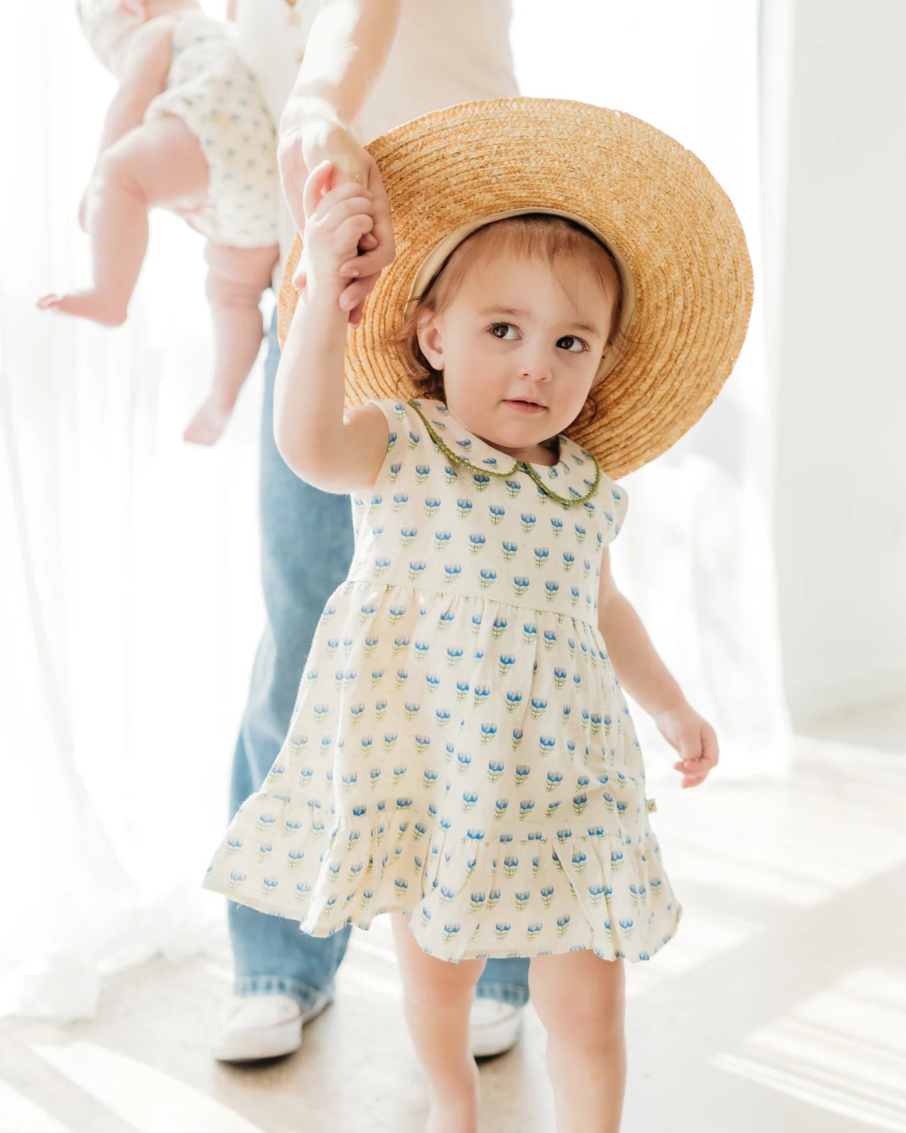 Harper Peter Pan Collar Floral Baby Flare Dress + Bloomer (Linen Blend)
