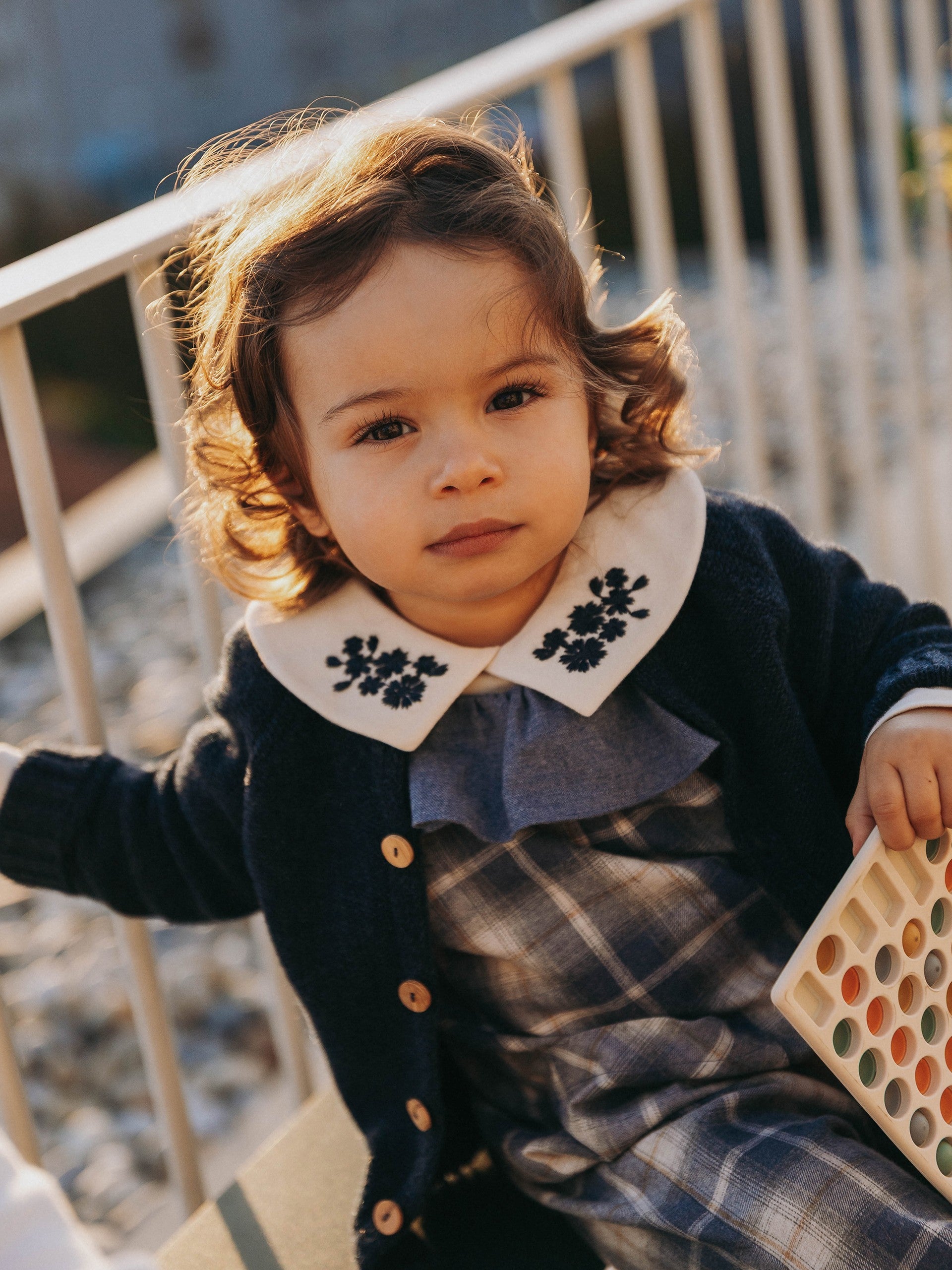 Snug Check Dungarees with Ruffled Detail || Indigo