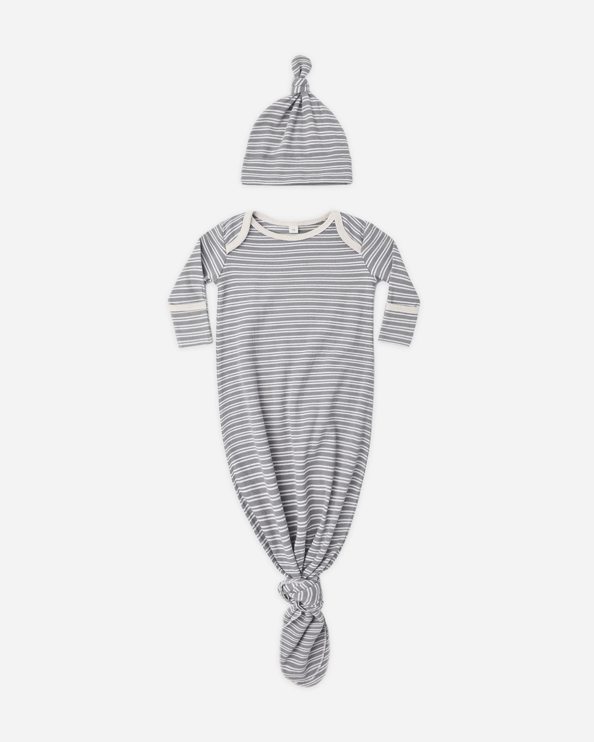 Knotted Baby Gown + Hat Set || Slate Microstripe