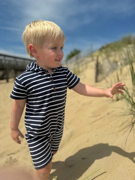 Striped Hooded Romper Navy and White