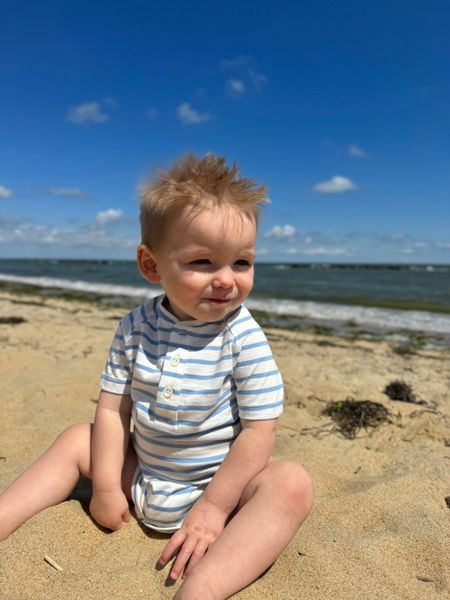 Blue and White Striped Henley Onesie