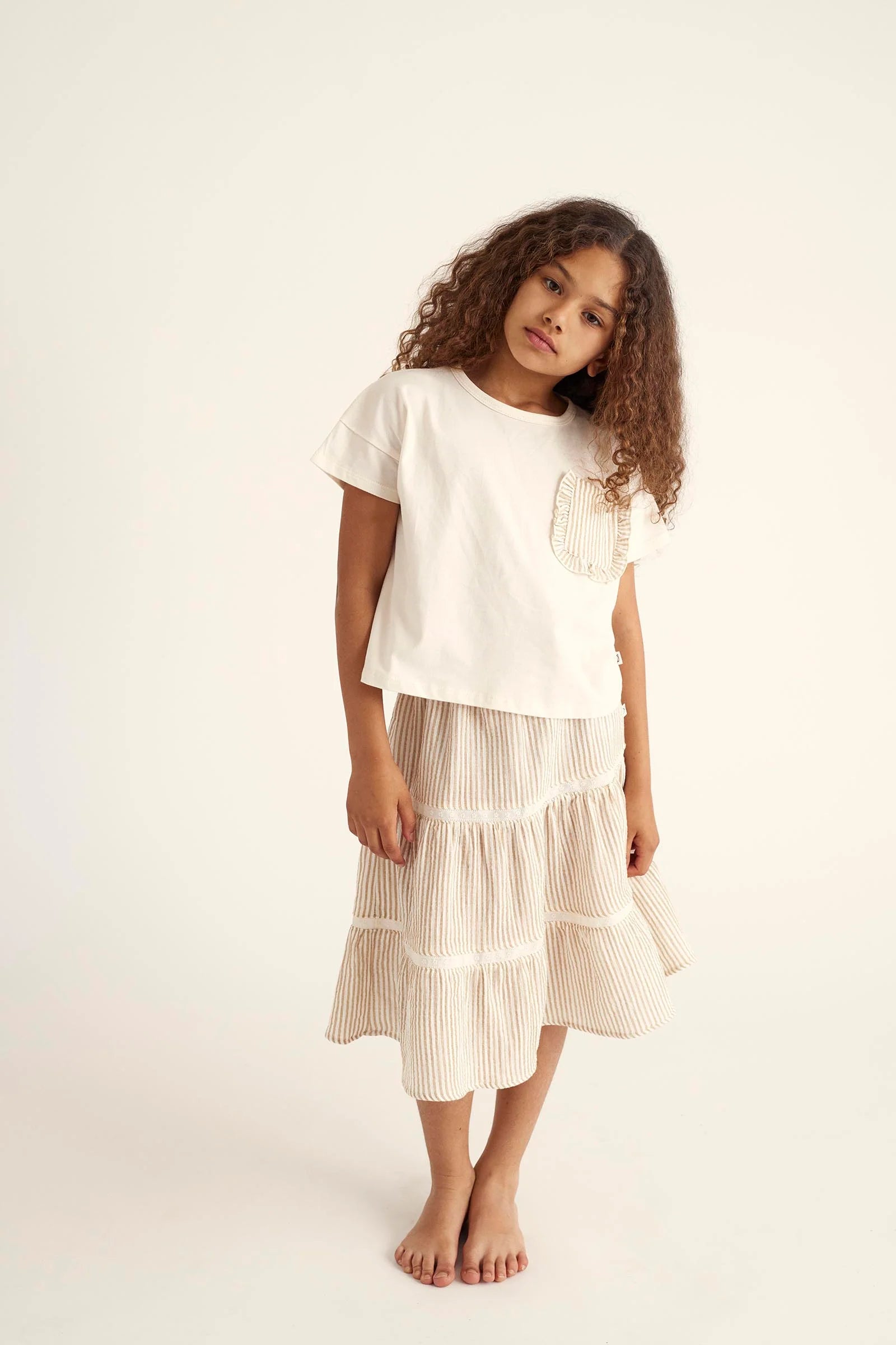 Striped Gauze Skirt and T-shirt Set || Coffee