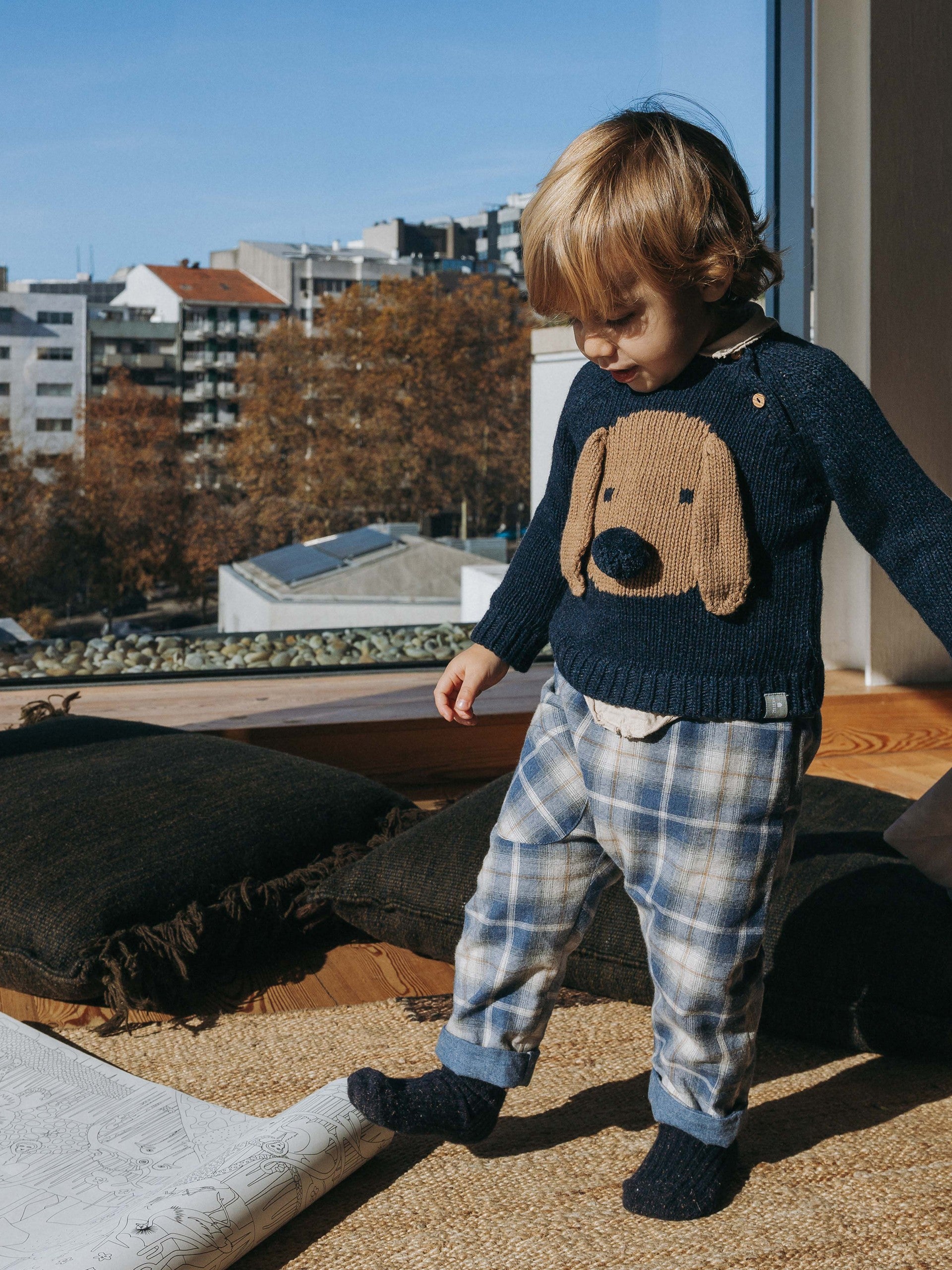 Snug Pull-Up Check Pants || Indigo