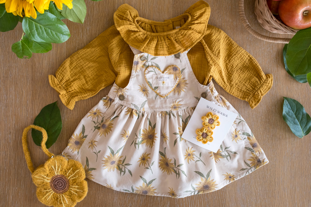 Sunflower Field Heart Pocket Corduroy Dress and Blouse Set