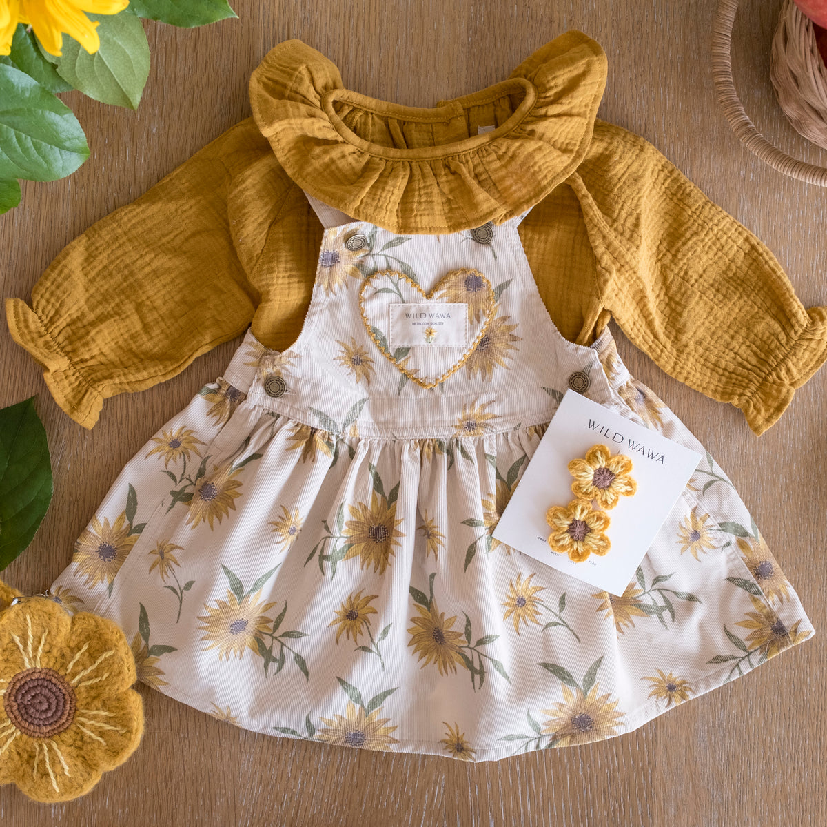 Sunflower Field Heart Pocket Corduroy Dress and Blouse Set
