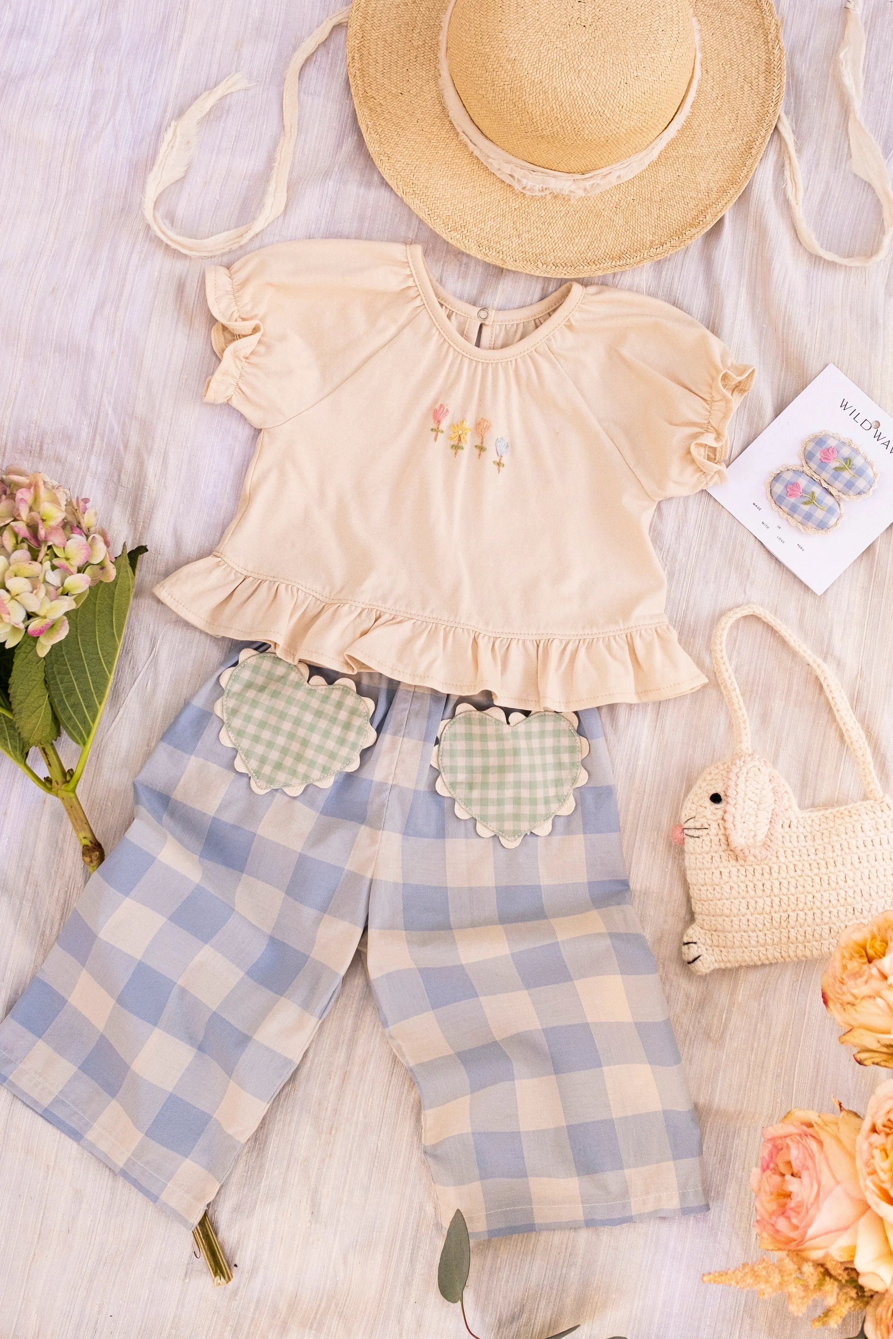 Wild Wawa Heart Pocket Pant Set || Blue Gingham